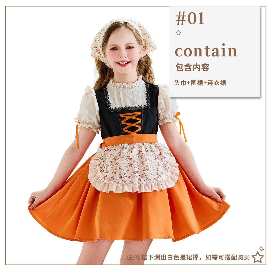 Damen nan traditionelles Kinderdirndl mit Schnürung, Rüschenschürze und Kopftuch EB
