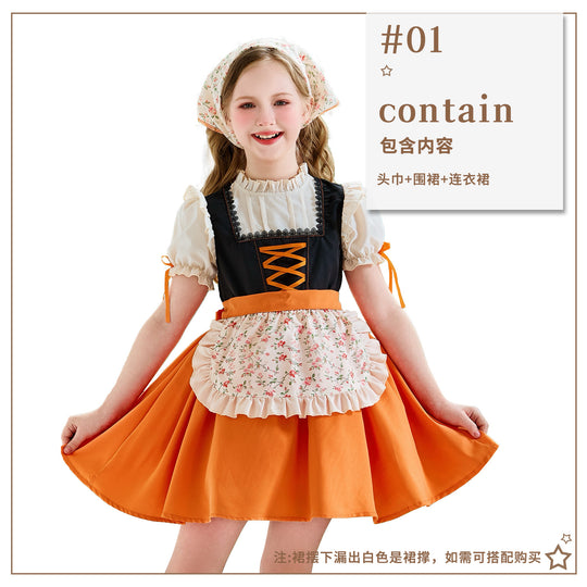 Damen nan traditionelles Kinderdirndl mit Schnürung, Rüschenschürze und Kopftuch EB