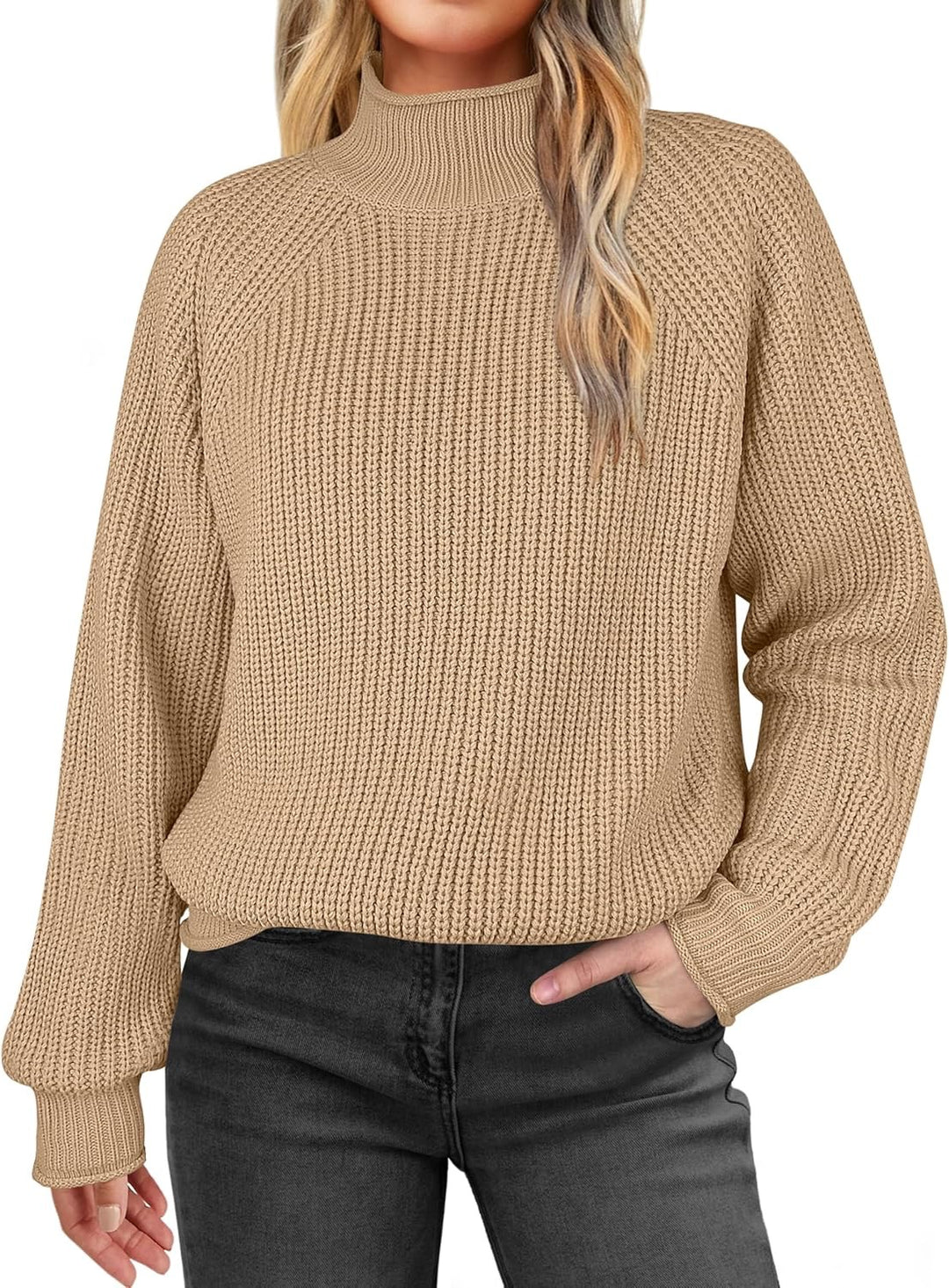Damen modischer Strickpullover mit hohem Kragen und strukturierter Oberfläche EB