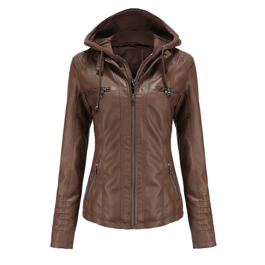 Damen nan taillierte Kunstlederjacke mit Kapuze, gesteppter Armblende und verdeckten Reißverschlusstaschen EB