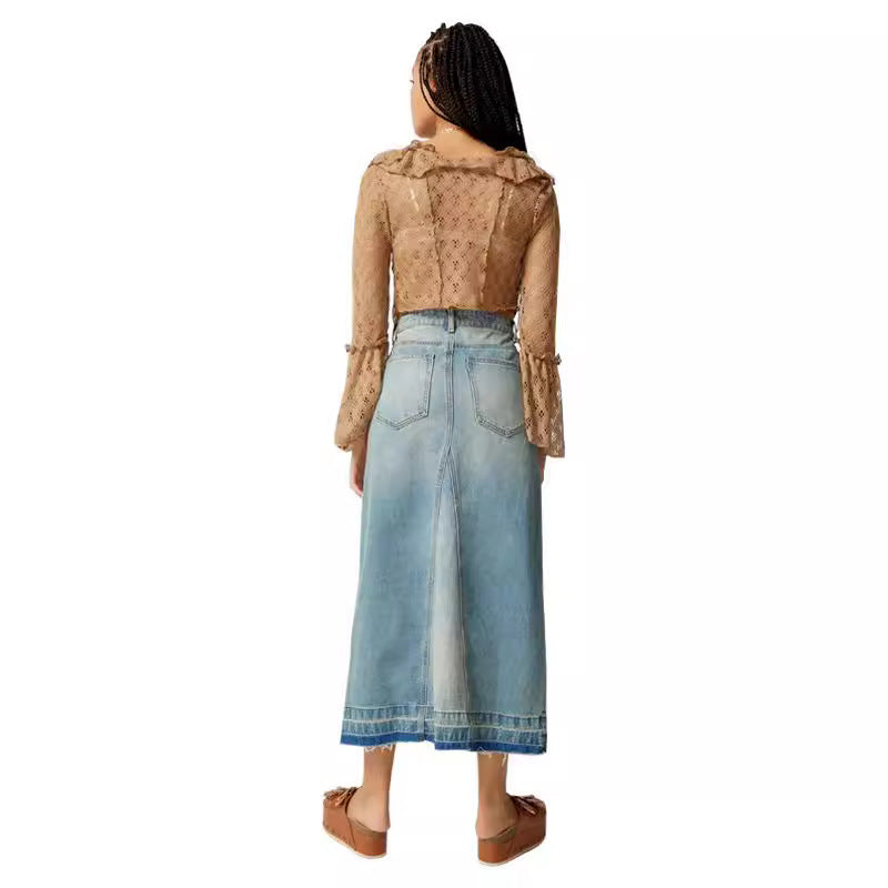 Damen Langer Denim-Rock mit Schlitz und moderner Waschung EB