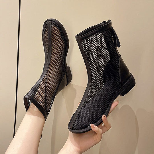 Damen Durchsichtige Netz‑Mesh Ankle‑Boots mit Reißverschluss und Lederbesatz EB