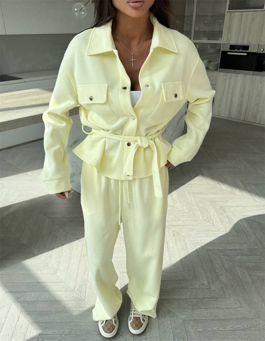 Damen Zweiteiliges Loungewear-Set mit tailliertem Blouson, Bindegürtel und weiter Palazzo-Hose EB