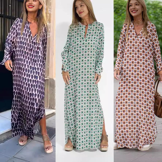 Damen Maxikleid mit modernem grafischen Muster und luftigen Ärmeln EB