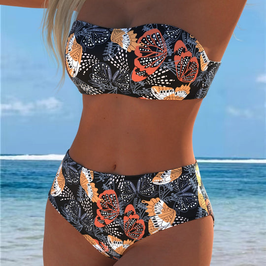 Damen Bandeau-Bikini mit hohem Taillenschnitt und kontrastierendem Blumendesign EB