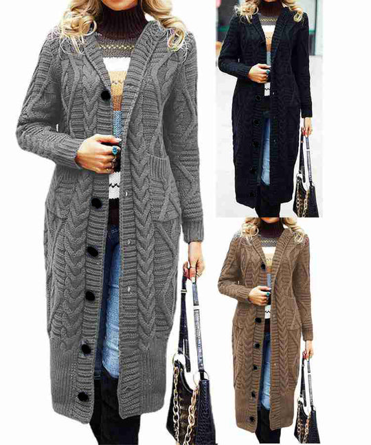 Damen Strickmantel mit elegantem Zopfmuster und praktischen Taschen EB