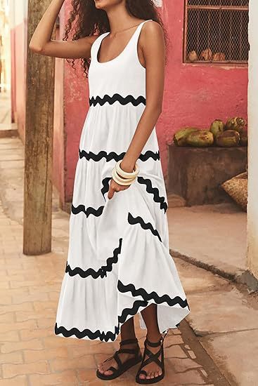 Damen Maxi Kleid mit lockerer Passform und Wellenmuster EB