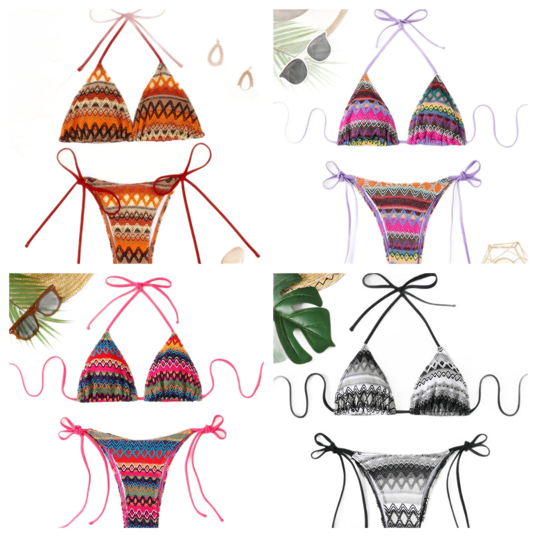 Damen Triangel-Bikini mit fröhlichem Muster und verstellbaren Bändern EB