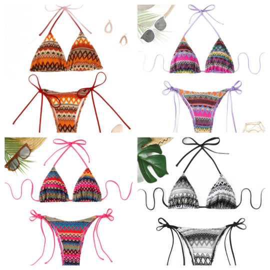 Damen Triangel-Bikini mit fröhlichem Muster und verstellbaren Bändern EB