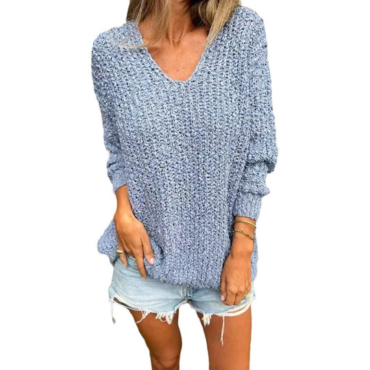 Damen Bequemes V-Ausschnitt Sweatshirt mit Struktur und langen Ärmeln EB