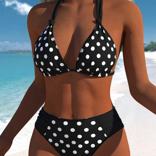 Damen Hochgeschnittener Triangel-Bikini mit punktiertem Design und verstellbaren Trägern EB
