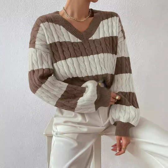Damen V-Ausschnitt Strickpullover mit Rippstruktur und langen Ärmeln EB