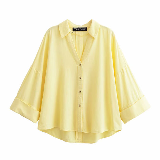 Damen nan lockere oversized Hemdbluse mit weitem Kragen und Dreiviertelärmeln EB