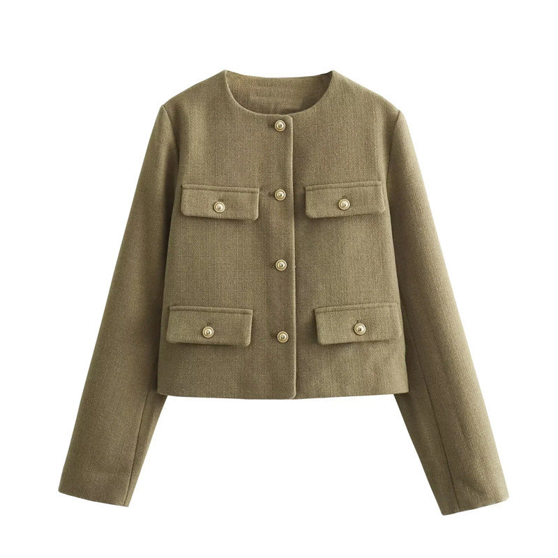 Damen Modische Kurzjacke mit dekorativen Knöpfen und praktischen Taschen EB
