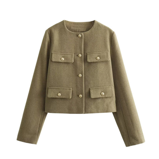 Damen Modische Kurzjacke mit dekorativen Knöpfen und praktischen Taschen EB