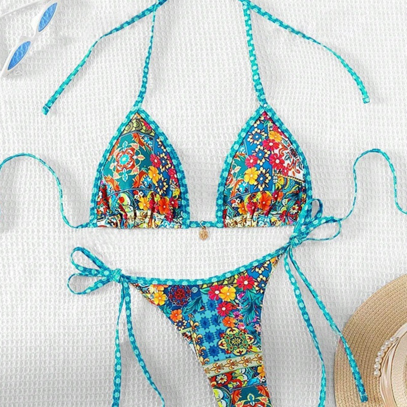 Damen Triangel-Bikini mit floralem Design und verstellbaren Bändern EB