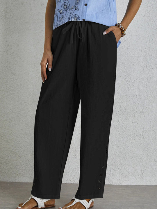Damen lockere Freizeithose mit elastischem Bund und dekorativen Knopfdetails EB