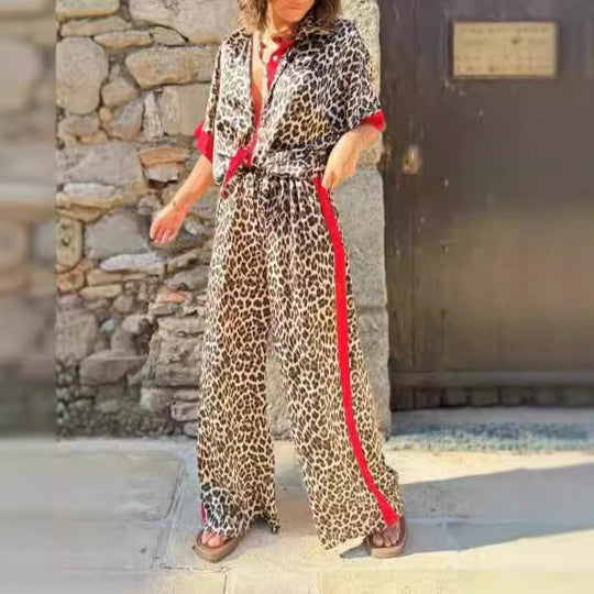Damen eleganter Leoprint-Jumpsuit mit weiten Beinen und lockerer Passform EB