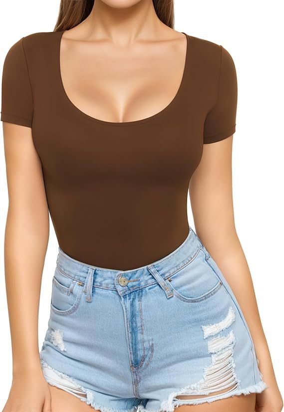 Damen figurbetontes Kurzarm-Body mit rundem Ausschnitt und nahtlosem Design EB