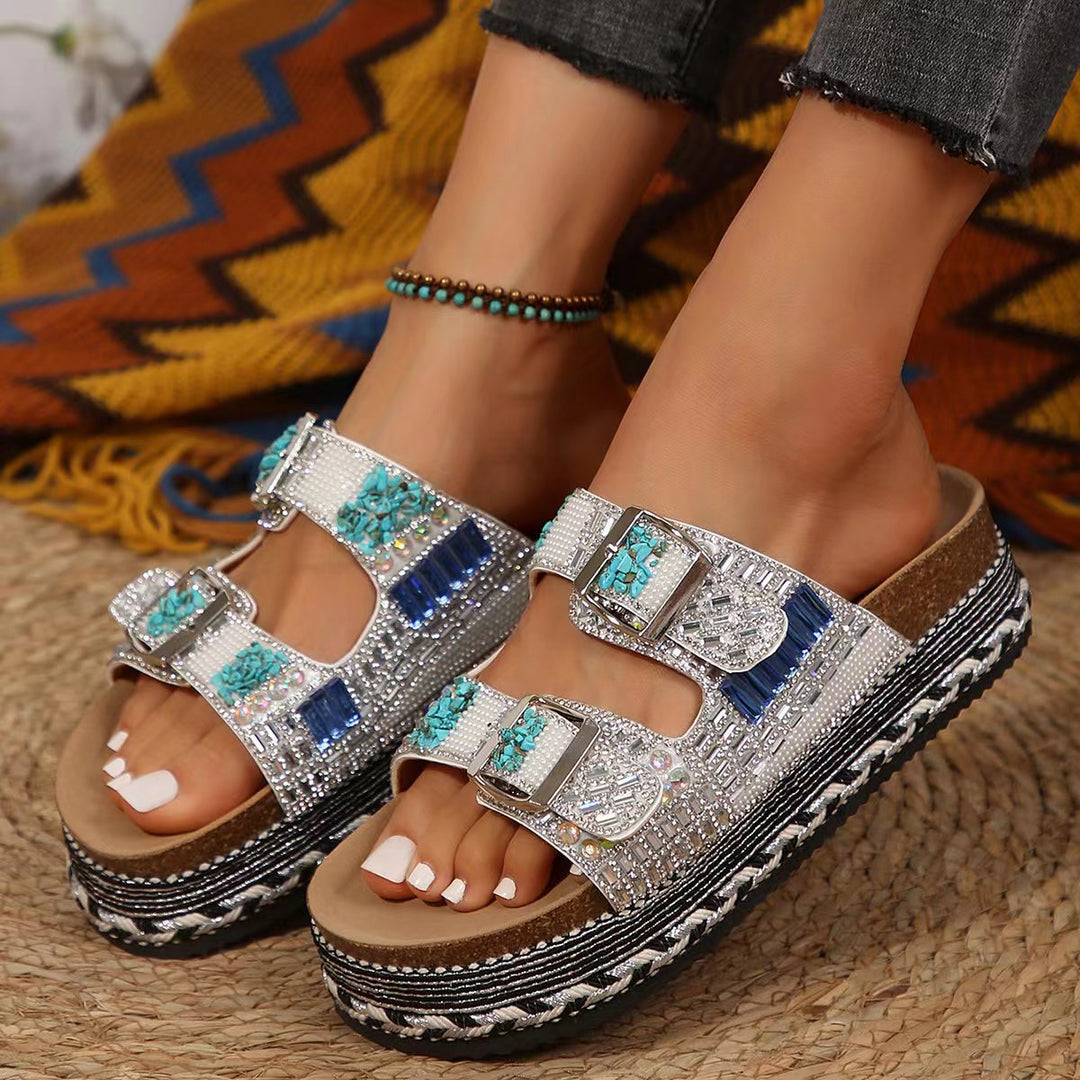 Damen Komfortable Riemchen-Sandalen mit kunstvollen Verzierungen und anpassbarem Riemendesign EB