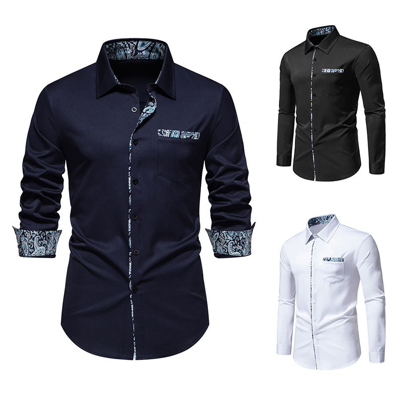 Herren Langarmhemd mit modischem Paisley-Muster an Kragen und Manschetten EB