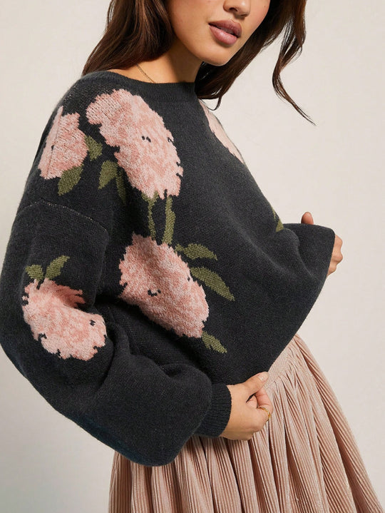 Damen Pullover mit floralem Muster und lässigem Schnitt EB