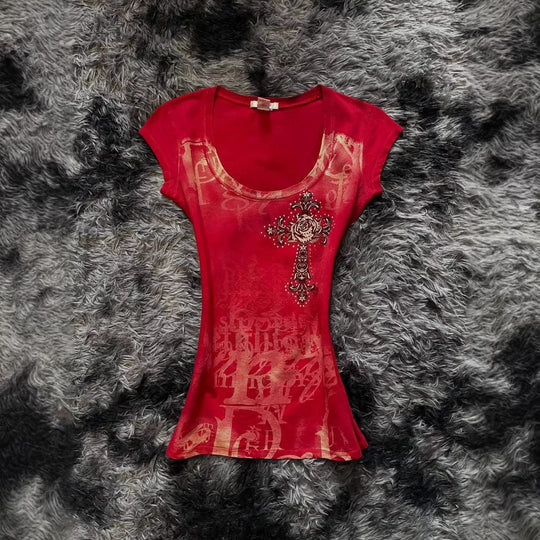 Damen modisches T-Shirt mit einzigartigem Cross-Design EB