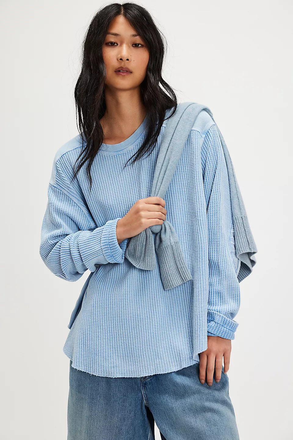 Damen Oversized Waffelstrick-Pullover mit weitem Schnitt und tiefem Raglan EB