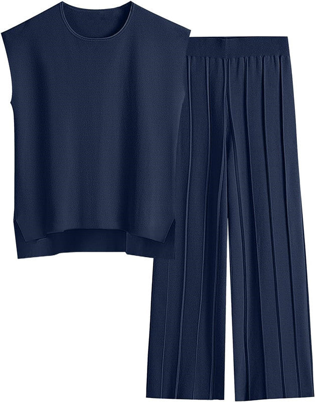 Damen elegantes Set mit kurzärmligem Oberteil und plissierter Hose EB