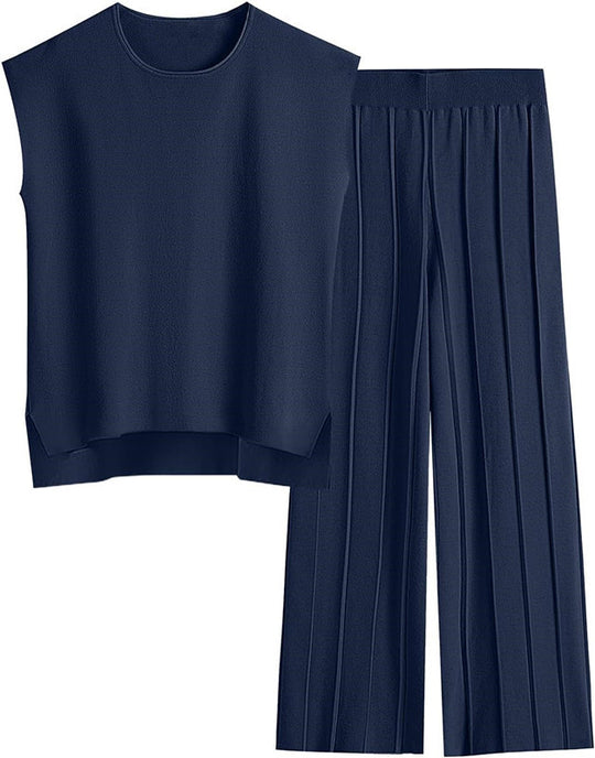 Damen elegantes Set mit kurzärmligem Oberteil und plissierter Hose EB