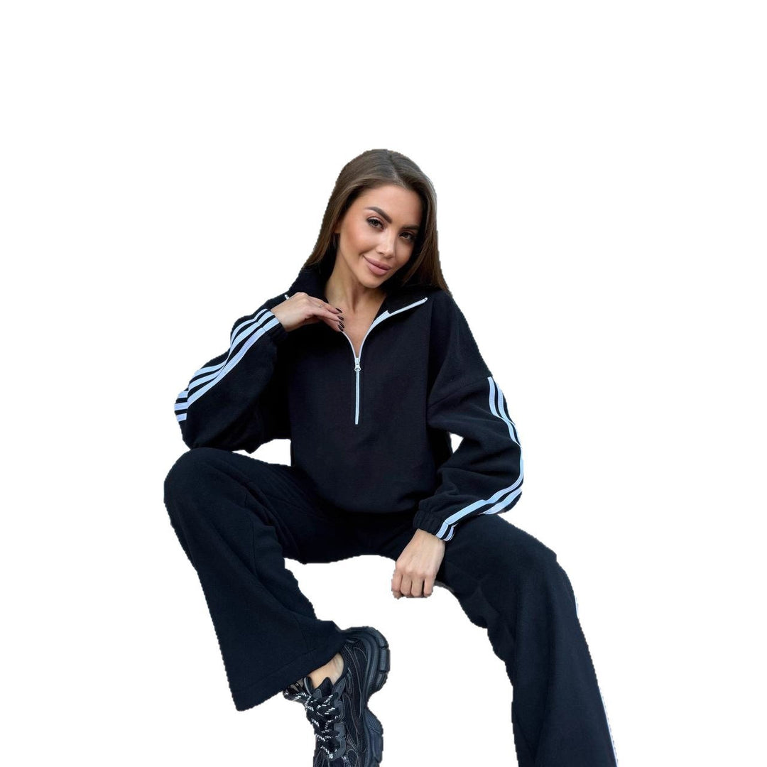 Damen Lässiges Sweat-Set mit Stehkragen, Ballonärmeln und Seitenstreifen EB