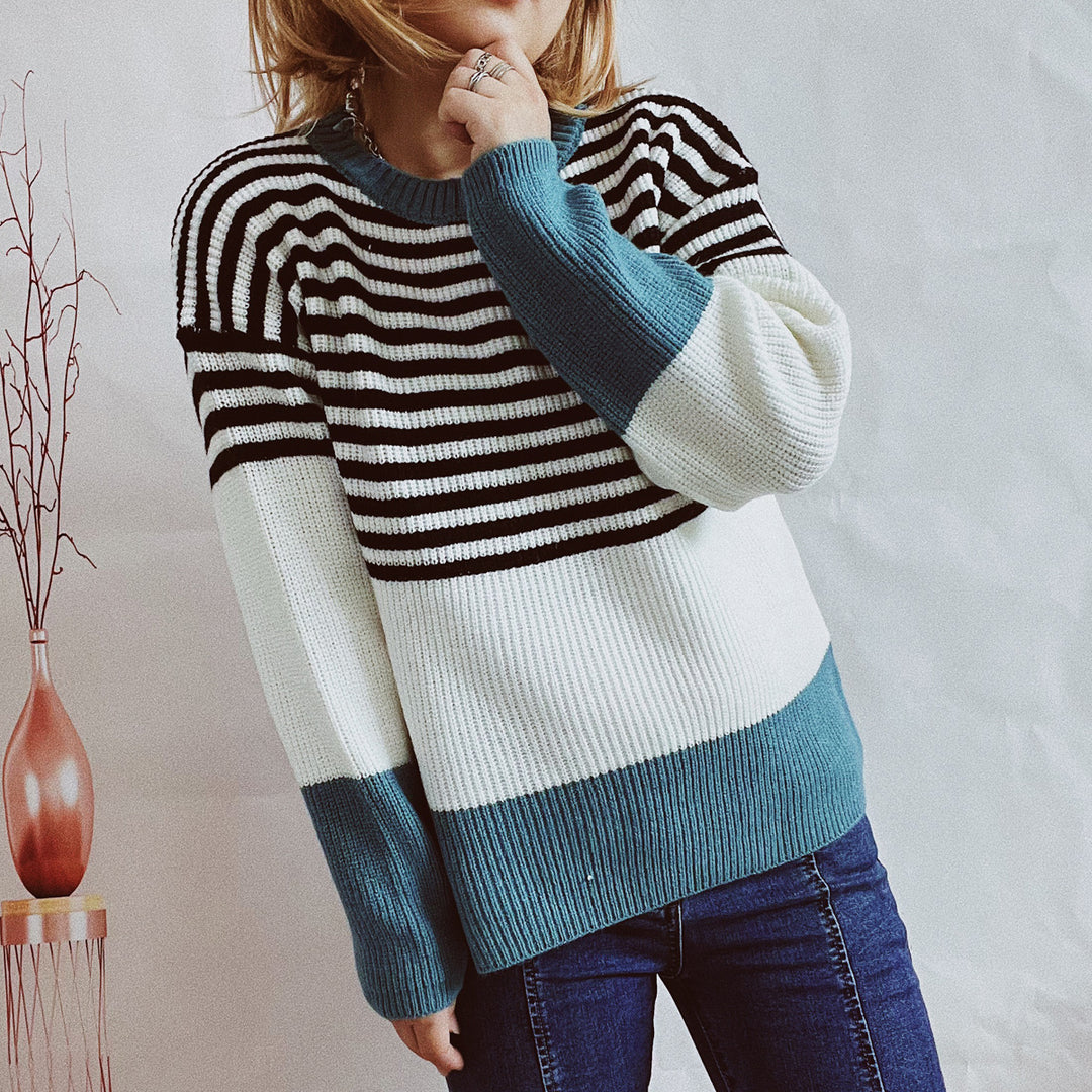 Damen trendy gestreifter Pullover mit modernen Akzenten und komfortablem Schnitt EB