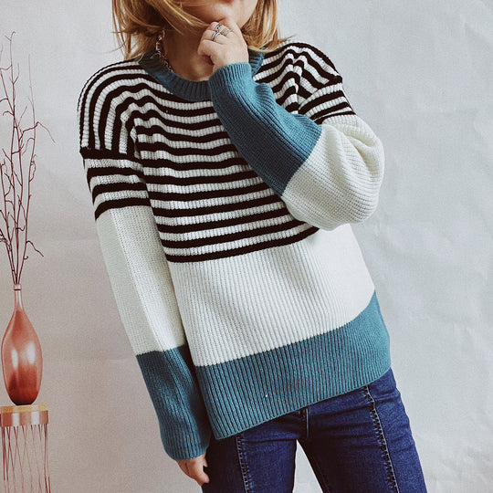 Damen trendy gestreifter Pullover mit modernen Akzenten und komfortablem Schnitt EB