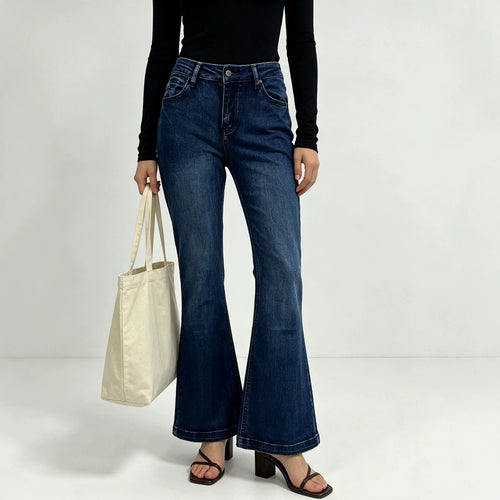 Damen nan High-Waist Flared-Jeans mit taillierendem Bund und weitem Schlag EB