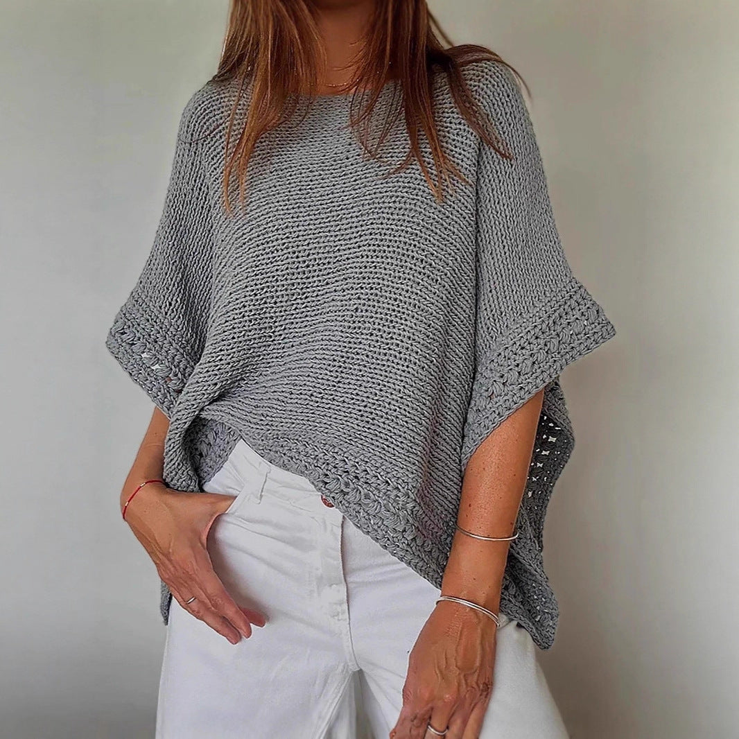 Damen Leichtes Oversize Strickponcho mit Häkelkante EB