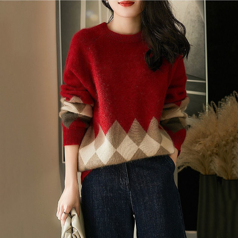 Damen lässiger Strickpullover mit modernem Rhombenmuster und weichem Material EB