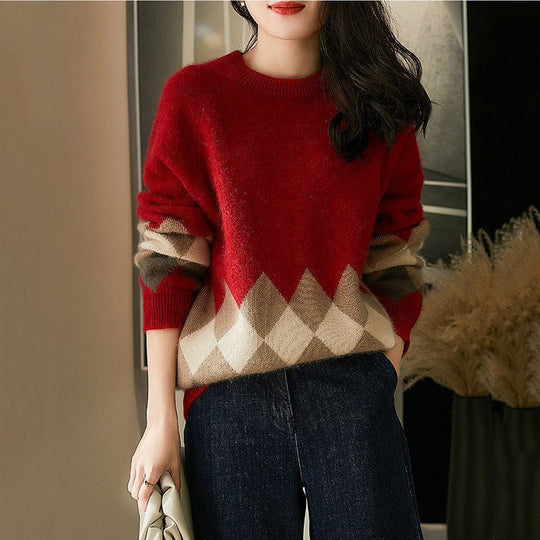 Damen lässiger Strickpullover mit modernem Rhombenmuster und weichem Material EB