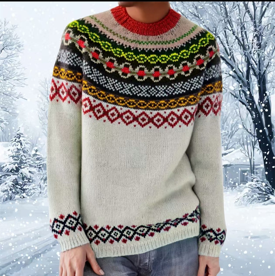 Damen nan melierter Rundhalsausschnittpullover mit kreisförmigem Jacquard-Yoke und geripptem Saum EB