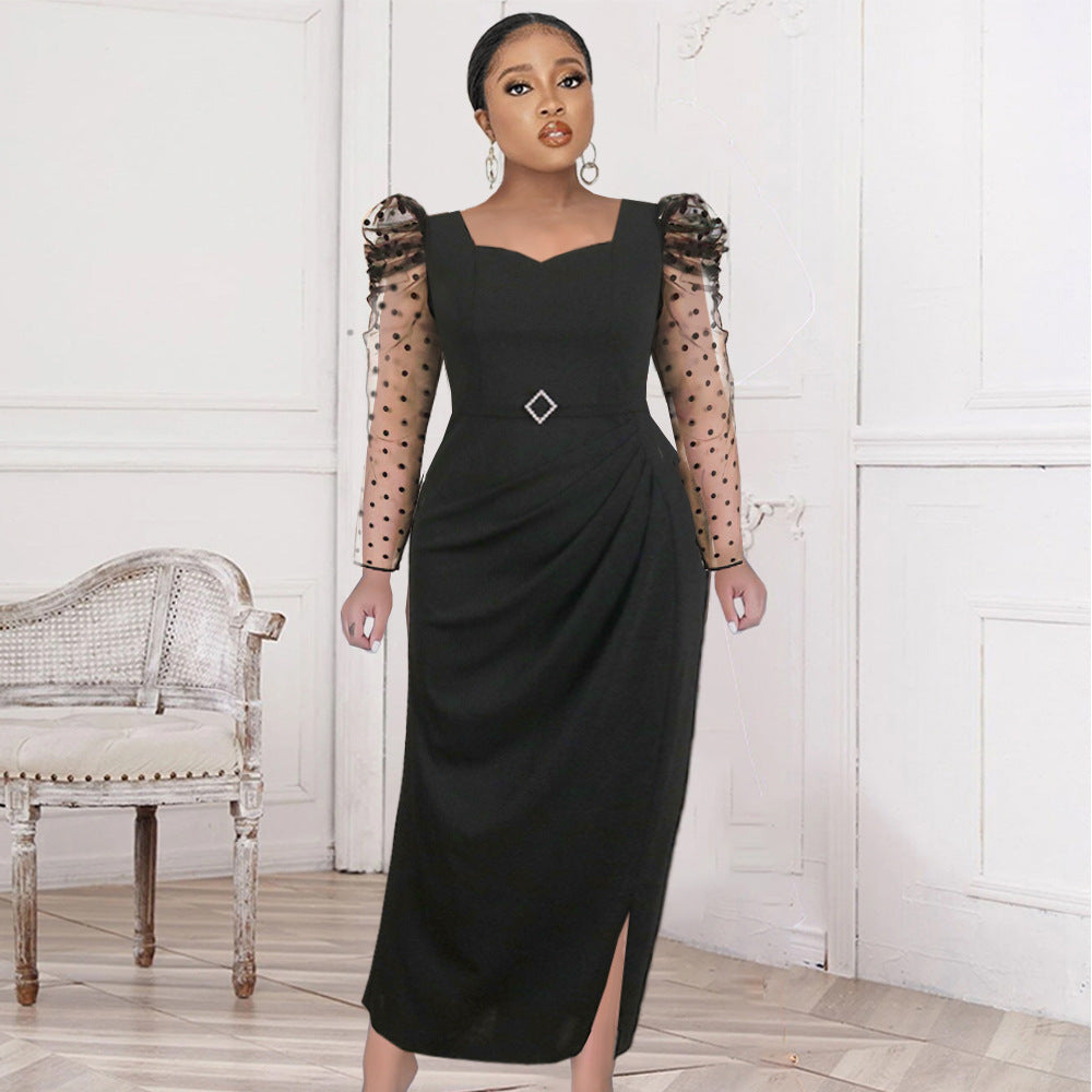 Damen elegantes Midi-Kleid mit transparenten Puffärmeln und zartem Rüschenakzent EB