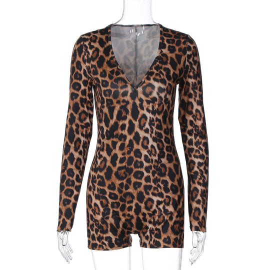 Damen stylischer Leopardenmuster Bodysuit mit V-Ausschnitt und langen Ärmeln EB