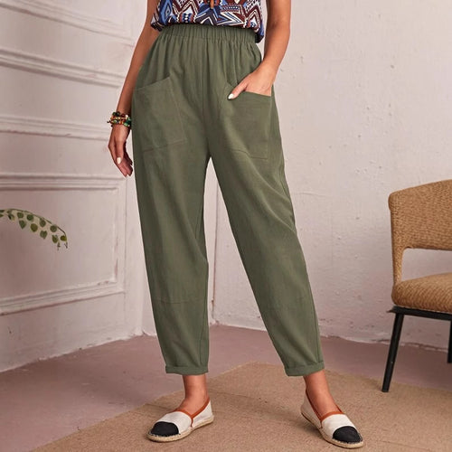 Damen lockere Komfort-Hose mit elastischem Bund und großen Taschen EB