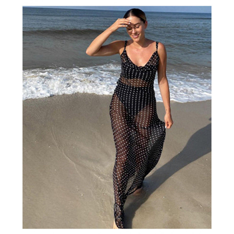 Damen transparentes Beachkleid mit Polka-Dot-Muster und fließendem Schnitt EB