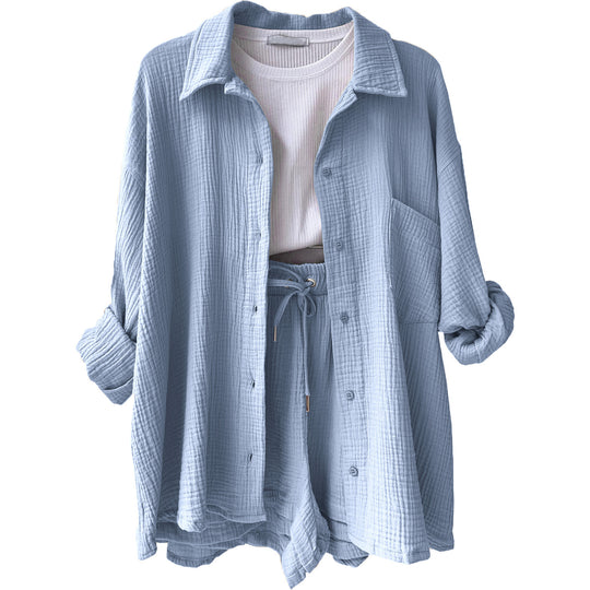 Damen lässiges Oversize-Hemd mit kurzem Schnitt und praktischen Taschen EB