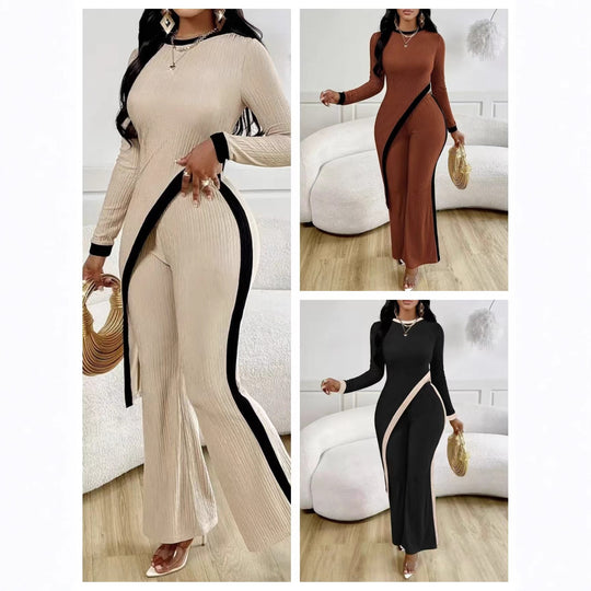 Damen nan eleganter Rippen-Jumpsuit mit asymmetrischer Wickeloptik, taillierendem Cut-Out und kontrastierenden Seitenstreifen EB