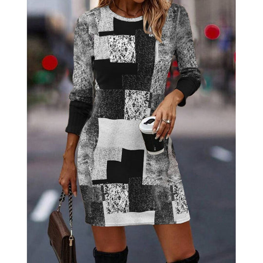 Damen Strickkleid mit modernem geometrischen Muster und langen Ärmeln EB