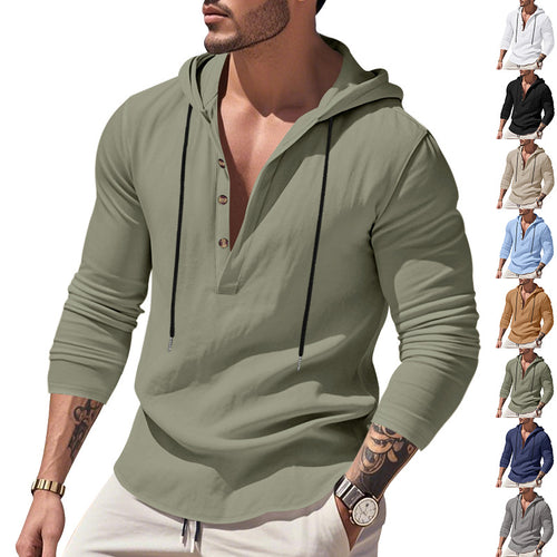 Herren nan lässiges Leinenhemd mit Kapuze und Henley-Knopfleiste EB