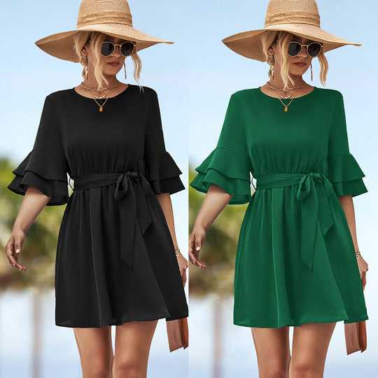 Damen Freizeitkleid mit voluminösen Rüschensäumen und tailliertem Gürtel EB