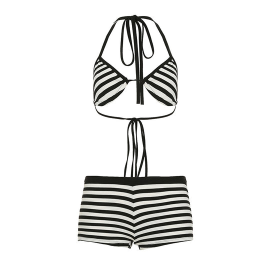 Damen Bikini-Set mit gestreiftem Top und Shorts EB