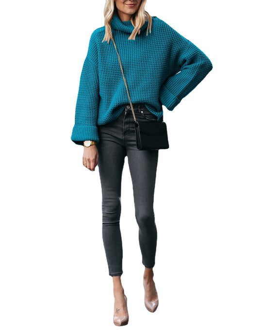 Damen modischer Grobstrickpullover mit hohem Kragen und voluminösen Ärmeln EB