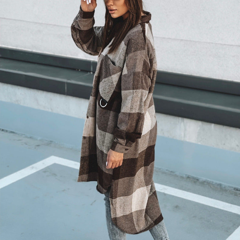 Damen Langer Karo-Wintermantel mit knöpfbarem Design und lockerer Passform EB